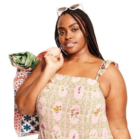 Agua Bendita Garden Party Pink Floral Tiles Dress w/ Pantone Peach Fuzz - Picture 2 of 4